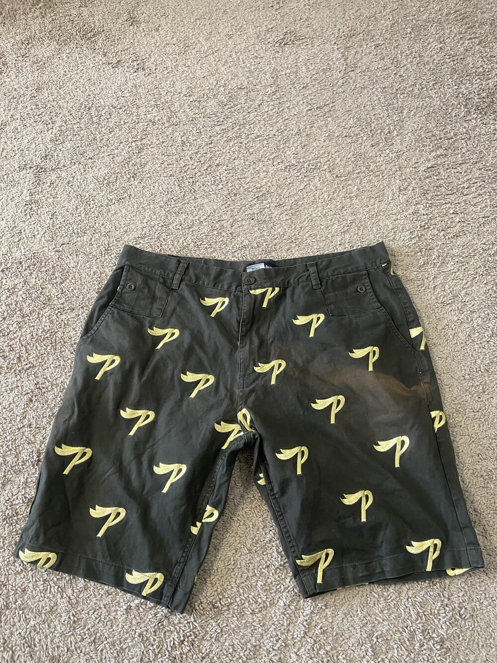 Pink Dolphin Shorts Mens 40 Green Chino Embroidered P Logo Pattern Casual